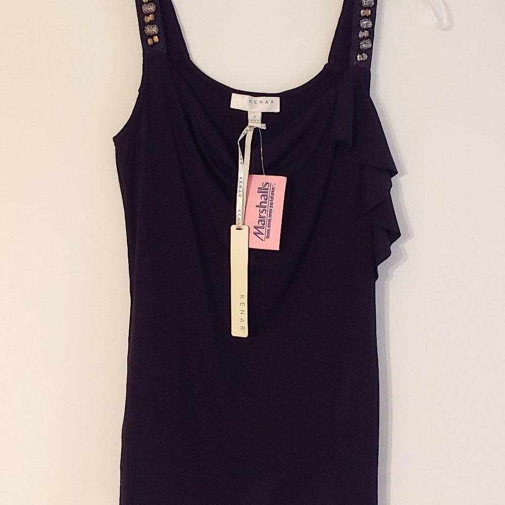 Kenar Black Rhinestone Tank Top With Ruffle
